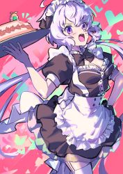 Rule 34 | 1girl, ahoge, alternate costume, apron, black dress, breasts, cake, cleavage, cleavage cutout, clothing cutout, crumbs, dress, enmaided, food, heart, highres, holding, holding tray, maid, maid apron, medium breasts, noise (symphogear), open mouth, purple eyes, senki zesshou symphogear, silver hair, solo, thighhighs, thundergotch, tray, twintails, v-shaped eyebrows, yukine chris