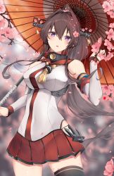 Rule 34 | 1girl, black thighhighs, blush, breasts, brown hair, cherry blossoms, cowboy shot, flower, hair between eyes, hair flower, hair ornament, headgear, highres, holding, holding umbrella, jenson tw, kantai collection, large breasts, long hair, oil-paper umbrella, open mouth, petals, pink flower, pleated skirt, purple eyes, red skirt, red umbrella, single thighhigh, skirt, solo, thighhighs, umbrella, yamato (kancolle), z flag