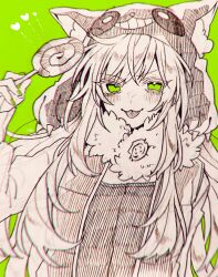 Rule 34 | 1girl, absurdres, animal ears, animal hat, blush, candy, fake animal ears, food, fur trim, green background, green eyes, greyscale with colored background, hat, heart, highres, holding, holding candy, holding food, holding lollipop, jacket, kamiki ritsu, lollipop, long hair, looking at viewer, nie3nie3, ookami game (studio wasabi), shirt, solo, t-shirt, tongue, tongue out, wolf ears