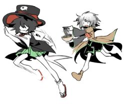 Rule 34 | 2others, androgynous, black hair, black headwear, black pants, black shirt, brown coat, brown footwear, censored, censored food, chasing, closed mouth, coat, colored skin, enraku tsubakura, fleeing, geta, green skirt, grey hair, grey sleeves, hat, houlen yabusame, layered sleeves, len&#039;en, ling s, long sleeves, miniskirt, multiple others, no nose, open mouth, other focus, pants, pleated skirt, puffy short sleeves, puffy sleeves, sandals, shirt, short hair, short over long sleeves, short sleeves, simple background, skirt, smile, socks, two-sided fabric, two-sided headwear, white background, white shirt, white skin, white socks, wide sleeves, zouri