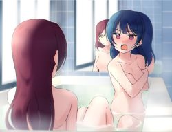 Rule 34 | 10s, 2girls, angry, bath, blue hair, breasts, covering privates, covering breasts, long hair, love live!, love live! sunshine!!, medium breasts, mirror, multiple girls, no nipples, nude, open mouth, purple eyes, red hair, reflection, sakurauchi riko, sellel, sitting, tsushima yoshiko, water, yellow eyes