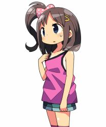 Rule 34 | 1girl, bare arms, bare shoulders, blue eyes, bow, brown hair, hair bow, hair ornament, hairclip, kanikama, long hair, looking away, original, side ponytail, simple background, solo, sweat, sweatdrop, white background