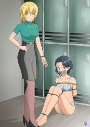 Rule 34 | 2girls, absurdres, artist name, bdsm, blonde hair, blue bra, blue eyes, blue hair, bondage, bound, bound legs, bra, collarbone, commentary request, cosplay, full body, gag, gagged, glasses, go! princess precure, green shirt, hand on own hip, highres, improvised gag, indoors, jewelry, kidnapped, looking at viewer, medium hair, multiple girls, necklace, original, pencil skirt, precure, red eyes, shirt, short hair, short sleeves, skirt, tachi kyouko, tachi kyouko (cosplay), tape, tape gag, underwear, vakaosciosa
