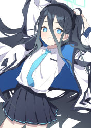Rule 34 | 1girl, aris (blue archive), arms up, black hair, black hairband, black skirt, blue archive, blue eyes, blue necktie, blush, flat chest, grin, hair between eyes, hairband, halo, highres, jacket, long hair, long sleeves, looking at viewer, necktie, open clothes, open shirt, pleated skirt, shirt, side ponytail, skirt, smile, solo, supershiruco, thighs, very long hair, white background, white jacket, white shirt, wing collar