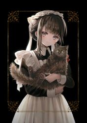 Rule 34 | 1girl, absurdres, apron, black background, black cat, black eyes, black hair, braid, cat, commentary request, frills, hat, highres, long sleeves, looking at viewer, maid, maid apron, mikemomonga, mob cap, original, short hair with long locks, white apron