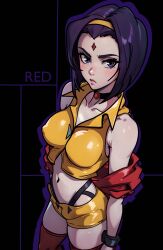 Rule 34 | 1girl, absurdres, ai-assisted, artist name, breasts, choker, coat, commentary, cosplay, covered erect nipples, cowboy bebop, dc comics, english commentary, faye valentine, faye valentine (cosplay), forehead jewel, hairband, highres, looking at viewer, medium breasts, midriff, navel, purple eyes, purple hair, raven (dc), red coat, redpostit, short hair, shorts, solo, teen titans, yellow hairband, yellow shorts