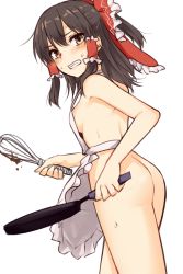 Rule 34 | 1girl, apron, ass, bare arms, bare shoulders, black hair, blush, bow, breasts, brown eyes, clenched teeth, commentary request, cowboy shot, female focus, frilled apron, frilled bow, frills, from behind, frying pan, hair between eyes, hair bow, hair tubes, hakurei reimu, half updo, holding, holding frying pan, holding whisk, long hair, looking at viewer, looking back, medium breasts, miyo (ranthath), naked apron, red bow, sidelocks, simple background, solo, standing, sweat, teeth, thighs, touhou, whisk, white apron, white background