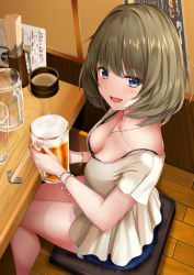Rule 34 | 1girl, :d, alcohol, beer, beer mug, black bra, blue eyes, blue shorts, blush, bra, bracelet, breasts, brown hair, chopsticks, cleavage, collarbone, commentary request, cup, downblouse, green eyes, heterochromia, highres, holding, holding cup, idolmaster, idolmaster cinderella girls, indoors, jewelry, looking at viewer, medium breasts, mole, mole under eye, monaka curl, mug, necklace, open mouth, short hair, short sleeves, shorts, sitting, smile, solo, takagaki kaede, underwear