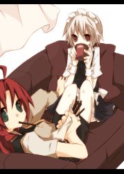 Rule 34 | 2girls, ahoge, brown eyes, couch, cup, drinking, female focus, food, green eyes, hong meiling, izayoi sakuya, letterboxed, mondo pop, mouth hold, mug, multiple girls, pocky, red hair, silver hair, sitting, embodiment of scarlet devil, touhou