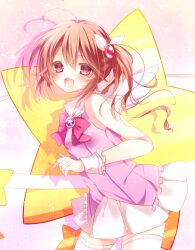 1girl ahoge bare_shoulders blush bow brooch brown_eyes brown_hair commentary dress hair_ornament jewelry looking_at_viewer magical_girl namirin open_mouth pink_bow pink_dress pink_wrist_cuffs ribbon side_ponytail skirt sleeveless smile socks star_(symbol) thighhighs utaite white_socks wings wrist_cuffs yowamushi_pedal yuduki zettai_ryouiki