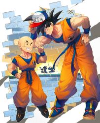 Rule 34 | +++, 2boys, ^ ^, afterimage, baggy pants, bald, baseball cap, bent over, biceps, black eyes, black footwear, black hair, blue footwear, blue sash, blue shirt, blue wristband, boots, character name, closed eyes, collarbone, dougi, dragon ball, dragonball z, finger wagging, grin, hand on own hip, hand up, hat, index finger raised, kuririn, looking at another, male focus, motion lines, multiple boys, muscular, muscular male, ommmyoh, orange pants, pants, sash, shirt, short sleeves, smile, son goku, spiked hair, standing, teeth, v-shaped eyebrows, white background, wristband