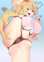 Rule 34 | 1girl, :d, ass, black panties, blonde hair, blush, breasts, cameltoe, cleft of venus, commentary request, hair ornament, hairclip, heterochromia, highres, hoshikawa sara, large breasts, long hair, looking at viewer, mizuta marixxx, nail polish, nijisanji, open mouth, orange eyes, panties, partially visible vulva, red eyes, red nails, side ponytail, smile, solo, teeth, tongue, underwear, v, virtual youtuber