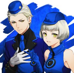 Rule 34 | 1boy, 1girl, bare shoulders, black shirt, blue dress, blue gloves, blue headwear, blue jacket, blue necktie, blunt bangs, brother and sister, buttons, closed mouth, collared shirt, commentary request, dress, elizabeth (persona), gloves, grey hair, hand on own chest, hat, high collar, isa (peien516), jacket, long sleeves, looking at viewer, necktie, parted lips, persona, persona 3, persona 3 portable, shirt, short hair, siblings, sleeveless, sleeveless dress, theodore (persona), upper body, white gloves, yellow eyes