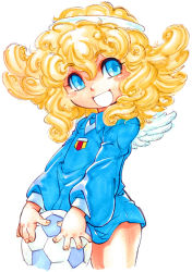 Rule 34 | 1boy, ahoge, angelo cabrini, blonde hair, blue eyes, child, curly hair, happy, inazuma eleven, inazuma eleven (series), simple background, smile, soccer, standing, tanuma yuuichirou, traditional media, trap, white background, wings