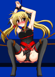 Rule 34 | &gt;:(, 00s, 1girl, angry, arm strap, armpits, arms up, bare shoulders, bdsm, belt, belt bra, belt skirt, black panties, black thighhighs, blonde hair, blue background, blush, bondage, bound, bound legs, bound wrists, breasts, breasts apart, buckle, cameltoe, clenched hand, covered erect nipples, covered navel, crotch, cuffs, fate testarossa, fate testarossa (lightning form), floating hair, frown, full body, hair between eyes, hair ribbon, halterneck, holding legs, lask, leotard, long hair, looking at viewer, lyrical nanoha, magical girl, mahou shoujo lyrical nanoha, medium breasts, miniskirt, nose blush, own hands together, panties, parted bangs, pelvic curtain, pleated skirt, red eyes, ribbon, rope, showgirl skirt, sidelocks, skin tight, skirt, solo, spread legs, sweat, thigh strap, thighhighs, turtleneck, twintails, underwear, v-shaped eyebrows