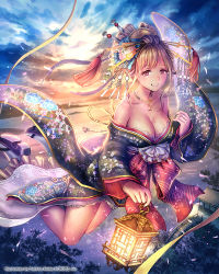 Rule 34 | 1girl, anbe yoshirou, bare shoulders, blonde hair, breasts, cleavage, cloud, floating, hair ornament, headdress, japanese clothes, jewelry, kimono, lamp, long hair, mole, mole on breast, necklace, off shoulder, original, petals, red eyes, shinma x keishou! ragnabreak, sky, socks, solo, thighs, traditional clothes, wide sleeves