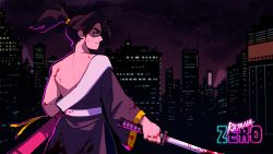 Rule 34 | 1boy, back turned, bare shoulders, black eyes, black hair, blood, blood on clothes, blood on face, bloody weapon, city, closed mouth, commentary, copyright name, english commentary, highres, holding, holding sword, holding weapon, japanese clothes, katana, katana zero, kimono, looking at viewer, male focus, night, official art, ponytail, sheath, solo, sword, trading card, weapon, whoisnassstya, zero (katana zero)