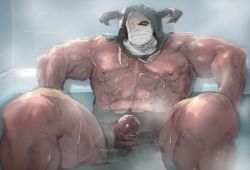 Rule 34 | 1boy, abs, bandages, bandaged head, bandages, bara, bathing, bazaraga no shujii, completely nude, convenient censoring, draph, erection, granblue fantasy, highres, horns, large pectorals, looking at viewer, male focus, muscular, muscular male, navel, nipples, nude, partially submerged, pectorals, penis, penis peek, solo, spread legs, steam, steam censor, stomach, thick thighs, thighs, uncensored, vaseraga, wet