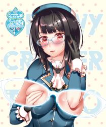 Rule 34 | 10s, 1girl, ascot, bad id, bad pixiv id, beret, black gloves, black hair, blue-framed eyewear, blunt bangs, blush, breasts, copyright name, covered erect nipples, unworn eyewear, female focus, frills, glasses, gloves, hand on own head, hat, hayakawa akari, kantai collection, large breasts, logo, long sleeves, looking at viewer, military, military uniform, polka dot, polka dot background, red eyes, revealing layer, short hair, solo, takao (kancolle), text background, text focus, uniform, upper body, wrist cuffs, x-ray vision