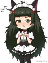 Rule 34 | 1girl, alternate costume, animal ears, apron, black pantyhose, black skirt, blunt bangs, blush, cat ears, chibi, commentary request, enmaided, feet out of frame, flying sweatdrops, frilled skirt, frills, green eyes, green hair, hands up, highres, hiyajou maho, long hair, maid, maid headdress, mitya, nose blush, open mouth, pantyhose, paw pose, puffy short sleeves, puffy sleeves, shirt, short eyebrows, short sleeves, simple background, skirt, solo, standing, steins;gate, steins;gate 0, thick eyebrows, twitter username, very long hair, waist apron, white apron, white background, white shirt