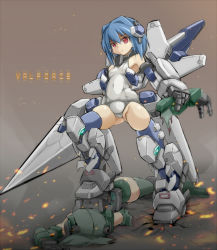 Rule 34 | 2girls, battle, blue hair, blue thighhighs, breasts, damaged, defeat, densou tenshi valforce, detached arm, green legwear, ground shatter, hair intakes, headgear, huge weapon, kannagi ai, karukan (monjya), lance, mecha musume, mechanical arms, multiple girls, one-piece swimsuit, polearm, red eyes, school swimsuit, short hair, small breasts, standing on person, swimsuit, thighhighs, thrusters, weapon, white one-piece swimsuit