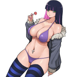 Rule 34 | 1girl, absurdres, alternate costume, bikini, black hair, breasts, cameltoe, candy, collarbone, colored inner hair, cowboy shot, cross, donburi (donburikazoku), food, grey jacket, highres, holding, holding candy, holding food, holding lollipop, jacket, large breasts, lollipop, multicolored hair, nail polish, navel, navel piercing, off-shoulder jacket, off shoulder, open clothes, open jacket, panty &amp; stocking with garterbelt, piercing, pink nails, purple bikini, purple hair, simple background, solo, stocking (psg), striped clothes, striped thighhighs, swimsuit, thighhighs, two-tone hair, white background