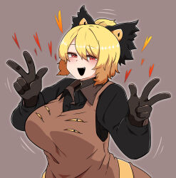 Rule 34 | 1girl, absurdres, black bow, black gloves, black shirt, blonde hair, blush, bow, breasts, brown background, brown dress, commentary request, cowboy shot, double w, dress, extra eyes, fang, gloves, hair between eyes, hair bow, hair bun, heart, highres, kurodani yamame, large breasts, long sleeves, looking at viewer, open mouth, pinafore dress, red eyes, ribbon, rinyamame, shirt, short hair, simple background, sleeveless dress, smile, solo, touhou, w, yellow ribbon