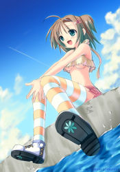 Rule 34 | 1girl, breasts, brown hair, cloud, day, foreshortening, green eyes, hair ornament, hairclip, happy, legs, medium breasts, midriff, no bra, open mouth, original, ribbon, rusty soul, shoes, short hair, sitting, skirt, sky, socks, solo, striped clothes, striped socks, striped thighhighs, thighhighs, underboob, water