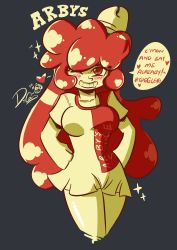 Rule 34 | 1girl, arby&#039;s, arby&#039;s waifu, belly, blush, breasts, breasts apart, company name, cropped legs, dantethecamel27, dress, drooling, english text, floating hair, grin, hands on own hips, hat, heart, highres, limited palette, long hair, looking at viewer, mascot, matching hair/eyes, medium breasts, microdress, pleated dress, red eyes, red hair, short dress, short sleeves, signature, simple background, smile, solo, speech bubble, standing, very long hair, wink, yellow dress