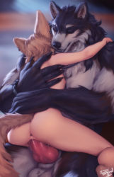 Rule 34 | 1boy, 1girl, animal ears, animal penis, anus, ass, blurry, blurry background, body fur, brown hair, closed eyes, completely nude, dog penis, earrings, einar (personal ami), fox ears, fox tail, furry, furry male, furry with non-furry, grey fur, hetero, highres, hug, interspecies, jewelry, khiara (personal ami), knotted penis, nude, original, penis, personal ami, pussy, scar, scar across eye, scar on face, sex, signature, sitting, sitting on lap, sitting on person, spread legs, straddling, tail, uncensored, upright straddle, vaginal, werewolf