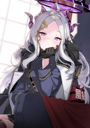 Rule 34 | 1girl, armband, black gloves, blue archive, chair, commentary request, gloves, grey hair, hair ornament, halo, highres, hina (blue archive), horns, jacket, kanzarin, looking at viewer, military, military uniform, purple eyes, sitting, solo, uniform, window