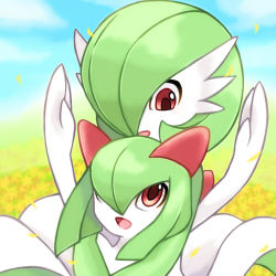 Rule 34 | 2girls, arms up, blue sky, bob cut, cloud, colored skin, creatures (company), day, eye contact, female focus, field, flower, flower field, game freak, gardevoir, gen 3 pokemon, green hair, green skin, hair over one eye, happy, highres, hug, hug from behind, kirlia, looking at another, looking down, looking up, multicolored skin, multiple girls, nintendo, open mouth, outdoors, petals, pokemon, pokemon (creature), red eyes, rorosuke, short hair, sitting, sitting on lap, sitting on person, sky, smile, two-tone skin, upper body, white skin, yellow flower