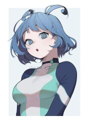 Rule 34 | 1girl, antenna hair, blue bodysuit, blue hair, bodysuit, boku no hero academia, green bodysuit, hadou nejire, highres, looking at viewer, multicolored bodysuit, multicolored clothes, official alternate hair length, official alternate hairstyle, solo, tongu 11