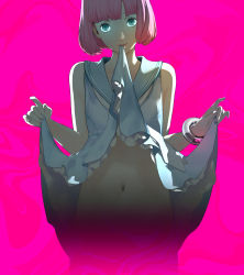 Rule 34 | 1boy, androgynous, aqua eyes, atlus, catherine: full body, catherine (game), clothes lift, dress, dress lift, highres, looking at viewer, male focus, navel, official art, pink background, pink hair, rin (catherine), short hair, soejima shigenori, solo, stomach, upper body