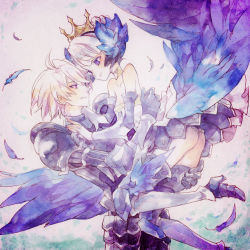 Rule 34 | 1boy, 1girl, armor, armored dress, bare shoulders, blue eyes, couple, crown, dress, feathers, gloves, gwendolyn (odin sphere), head wings, hetero, leg wings, long hair, low wings, nesu (nsm888), odin sphere, oswald, pteruges, red eyes, short hair, strapless, strapless dress, white hair, wings