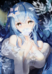 Rule 34 | 1girl, absurdres, ahoge, asymmetrical legwear, bare shoulders, blouse, blue coat, blue hair, blue nails, blush, braid, breasts, cleavage, coat, commentary, corset, covered mouth, covering own mouth, crossed bangs, flower, flower to mouth, fur-trimmed coat, fur trim, hair between eyes, hair flower, hair ornament, heart, heart ahoge, highres, holding, holding flower, hololive, ice flower, light blue hair, long hair, looking at viewer, medium breasts, multicolored hair, nail polish, off shoulder, pointy ears, shirt, side braid, single braid, snow, snowflake print, snowing, solo, streaked hair, two-tone hair, underbust, upper body, virtual youtuber, votato, white shirt, yellow eyes, yukihana lamy