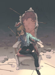 Rule 34 | 1girl, arm rest, arrow (projectile), artist name, black pants, blue shirt, brown hair, buttons, chain, chair, closed eyes, closed mouth, crossed legs, crown, dark background, demizu posuka, hand on own cheek, hand on own face, highres, long sleeves, on chair, original, pants, rock, rubble, shirt, short hair, sitting, solo, throne, tile floor, tiles, white shirt