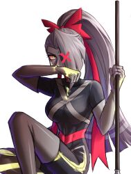 Rule 34 | 1girl, artist request, black bodysuit, bodysuit, boots, breasts, elbow gloves, gloves, hazbin hotel, highres, holding, holding polearm, holding weapon, large breasts, long hair, looking at viewer, pink ribbon, polearm, ponytail, ribbon, solo, symboli-fe3c, thigh boots, vaggie, weapon