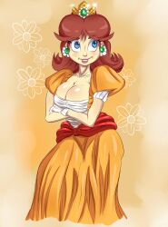 Rule 34 | 1girl, blue eyes, border, breast hold, breasts, brown hair, cleavage, cleavage cutout, closed mouth, clothing cutout, crossed arms, crown, curvy, dress, earrings, flower earrings, gloves, highres, jewelry, large breasts, legs, mario (series), medium hair, nintendo, princess daisy, rolling eyes, smile, solo, super mario land, thighs, white border, white gloves, yellow background, yellow dress