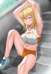 Rule 34 | 1girl, armpits, arms up, blonde hair, blush, breasts, buruma, check commentary, collarbone, commentary, commentary request, crop top, day, gym uniform, highres, leg up, looking at viewer, love live!, love live! nijigasaki high school idol club, medium breasts, midriff, miyashita ai, navel, one eye closed, outdoors, parted lips, partial commentary, pokehikaxyz, ponytail, shadow, shoes, sitting, sitting on stairs, stairs, steam, steaming body, stone stairs, sunlight, sweat, thighs, yellow eyes