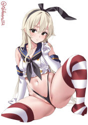 Rule 34 | 1girl, animal ears, bare shoulders, black neckerchief, black panties, blonde hair, blush, breasts, brown eyes, buttons, commentary request, double-breasted, ebifurya, elbow gloves, fake animal ears, foot out of frame, gloves, hair between eyes, highres, kantai collection, long hair, looking at viewer, navel, neckerchief, one-hour drawing challenge, panties, parted lips, partially visible vulva, sailor collar, shimakaze (kancolle), shirt, sleeveless, sleeveless shirt, small breasts, solo, spread legs, striped clothes, striped thighhighs, thighhighs, thong, twitter username, underwear, white gloves, white shirt