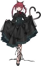 Rule 34 | 1girl, :3, absurdres, animal ears, black dress, black flower, black footwear, black ribbon, black rose, braid, cat ears, cat girl, cat tail, closed mouth, corset, daimaou ruaeru, dress, flower, frilled corset, frilled dress, frills, full body, hair ribbon, heart, heart tail, highres, kaenbyou rin, leg ribbon, long hair, long sleeves, looking at viewer, multiple tails, red eyes, red flower, red rose, ribbon, rose, shoes, simple background, skirt hold, smile, solo, tail, touhou, twin braids, two tails, white background
