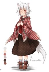 Rule 34 | 1girl, albino, alternate costume, animal ears, blush, boots, color guide, colored eyelashes, contemporary, full body, inubashiri momiji, long sleeves, looking at viewer, no headwear, one eye closed, plaid, polka dot, polka dot skirt, poncho, print socks, red eyes, shirt, short hair, simple background, skirt, smile, socks, solo, tail, touhou, toutenkou, twitter username, white background, white hair, wide sleeves, wolf ears, wolf tail