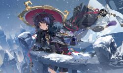 Rule 34 | 1boy, absurdres, black gloves, chinese commentary, coat, eyeliner, fur trim, genshin impact, gloves, hat, highres, leleyoukuailele, male focus, outdoors, purple eyes, red eyeliner, scaramouche (genshin impact), short hair, snow, solo, standing, upper body