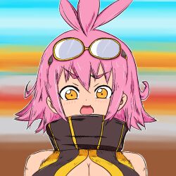 Rule 34 | 1girl, antenna hair, artist request, bare shoulders, blush, breasts, cleavage, cleavage cutout, clothing cutout, female focus, goggles, goggles on head, gradient background, large breasts, lilith-soft, looking at viewer, no bra, pink hair, rene (taimanin asagi), shiny skin, short hair, simple background, taimanin (series), taimanin rpgx, upper body, yellow eyes