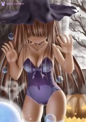 Rule 34 | 1girl, bare shoulders, black hat, blue leotard, breasts, brown hair, cleavage, cloud, covered navel, cowboy shot, fangs, hair between eyes, halloween, hat, highres, jack-o&#039;-lantern, leotard, medium breasts, original, red cyber, solo, strapless, strapless leotard, tree, witch, witch hat