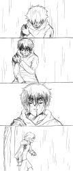 Rule 34 | 1boy, 4koma, bags under eyes, blood, blood on clothes, blood on face, chinese text, clothes writing, collarbone, comic, from side, godzillapigeon1, greyscale, hair over eyes, hand on own shoulder, hand up, head down, highres, hood, hood down, hooded shirt, long sleeves, looking at viewer, male focus, monochrome, multiple views, open mouth, outdoors, parted lips, profile, rain, scissor seven, seven (scissor seven), short hair, sketch, standing, straight-on, teeth, thick eyebrows, translation request, upper body, v-shaped eyebrows, wet, wet hair, wide-eyed