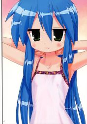 Rule 34 | 00s, 1girl, armpits, arms behind head, blue hair, blush, camisole, covered erect nipples, flat chest, green eyes, hechi, highres, izumi konata, jewelry, long hair, lucky star, mole, mole under eye, necklace, see-through, simple background, solo, stretching, very long hair