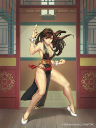 Rule 34 | 1girl, alternate hairstyle, backless dress, backless outfit, bracelet, braid, breasts, brown hair, capcom, chinese clothes, chun-li, cleavage, clenched hand, commission, commissioner upload, dress, eyeshadow, fighting stance, highres, jewelry, long hair, looking at viewer, makeup, official alternate costume, parted lips, solo, spiked bracelet, spikes, stealthmoves, street fighter, street fighter v, twin braids