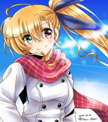 Rule 34 | 1girl, aged up, asymmetrical bangs, blonde hair, blue ribbon, breath, casual, closed mouth, cloud, cloudy sky, coat, contrail, dated, day, drill hair, drill sidelocks, green eyes, hair ribbon, hands in pockets, head tilt, heterochromia, highres, long hair, looking at viewer, lyrical nanoha, mahou shoujo lyrical nanoha vivid, outdoors, red eyes, red scarf, ribbon, san-pon, scarf, side ponytail, sidelocks, sky, smile, solo, standing, twitter username, upper body, vivio, white coat, winter clothes